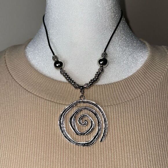 Silver Tone Whirl Statement Pendant & Beads Jute Necklace - Picture 2 of 6